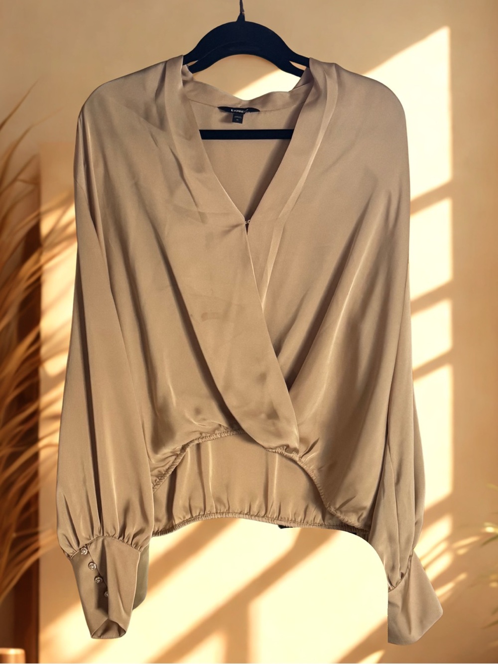 Express Satin V-Neck Wrap Blouse in Taupe
